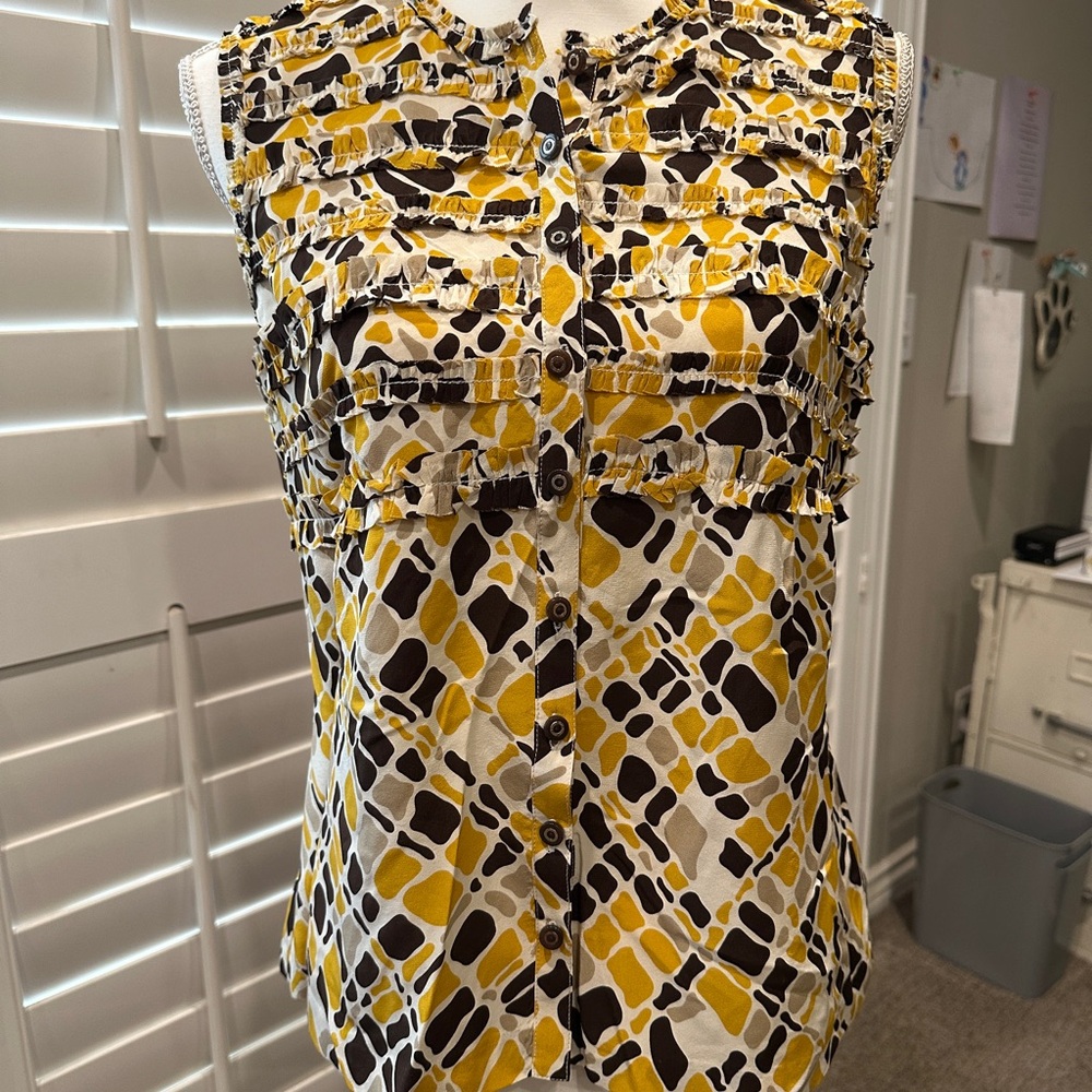 Tory Burch Yellow and Brown Sleeveless Button-Up Silk Blouse